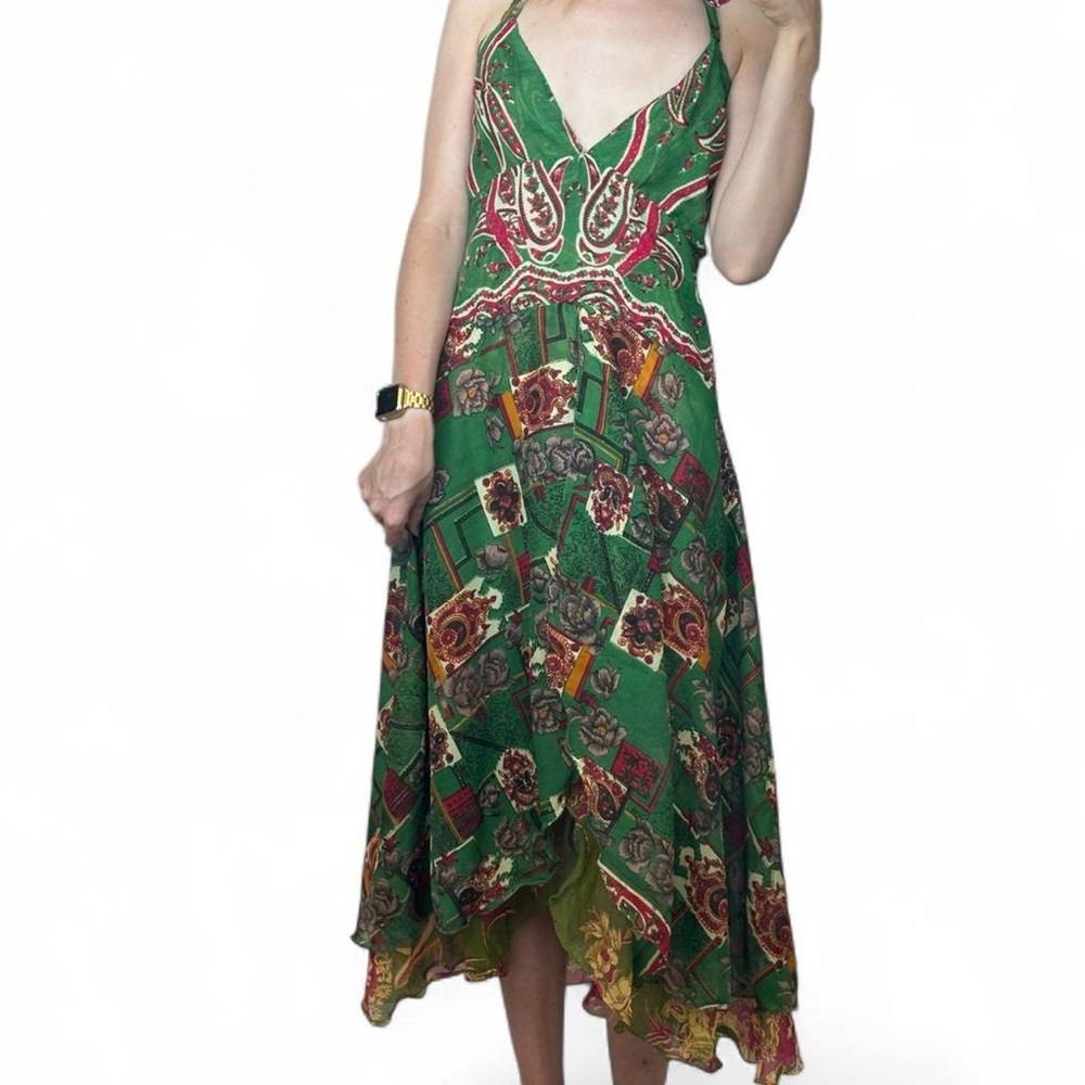vintage 90s 100% silk baba clothing LA flowy bohemian ruffle midi dress green